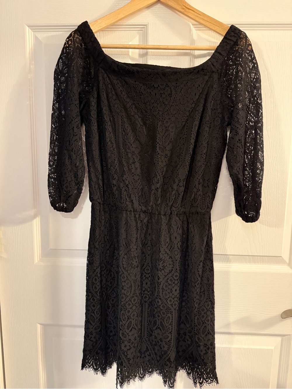 White House Black Market Black Lace Midi Dress with Puff Sleeves